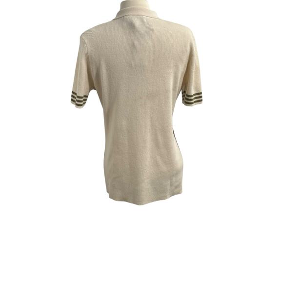 Oats Cashmere  100%Cashmere Ivory Polo-Military Green Stripe Short Sleeve Large - Picture 6 of 9